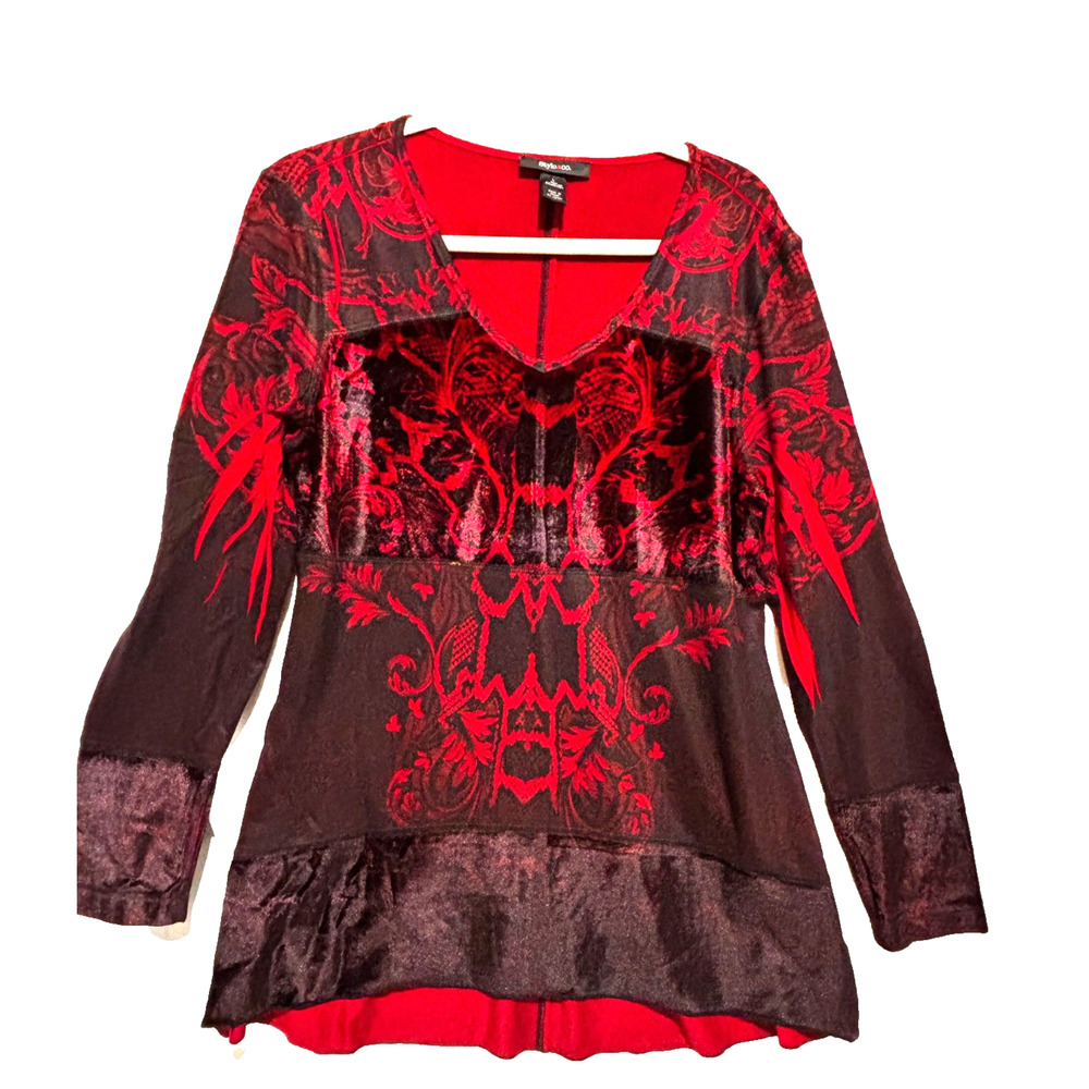 Womens sz L tunic top red & black velvet block Couqette Fairy Witchy Career goth